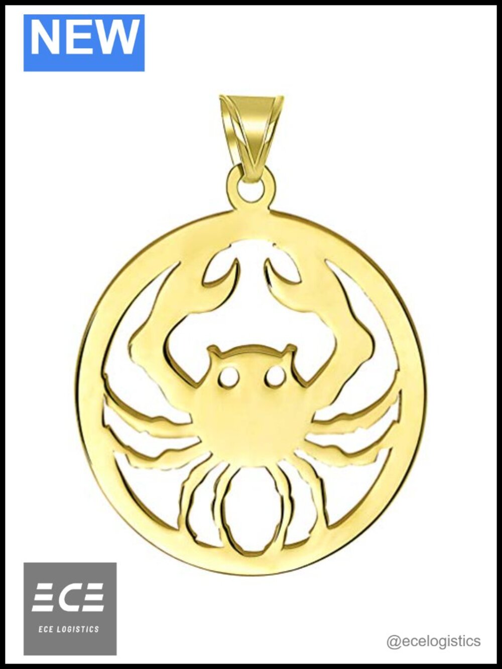 Solid 14k Yellow Gold Round Cancer Zodiac Sign Crab Disc Pendant